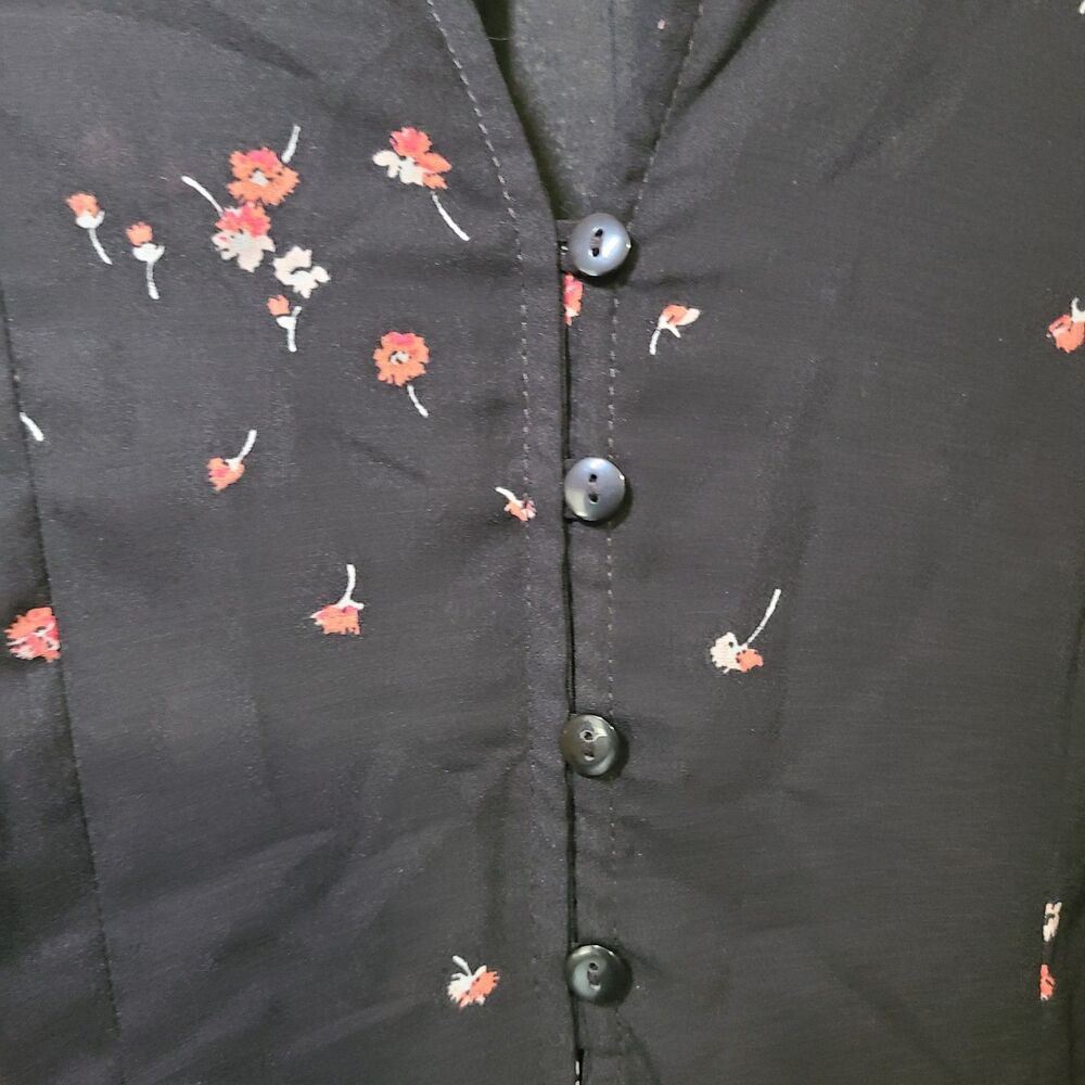 Liz Claiborne Women’s Size Medium Black Sheer V-Neck Tie Sleeve Floral Blouse - Picture 7 of 9